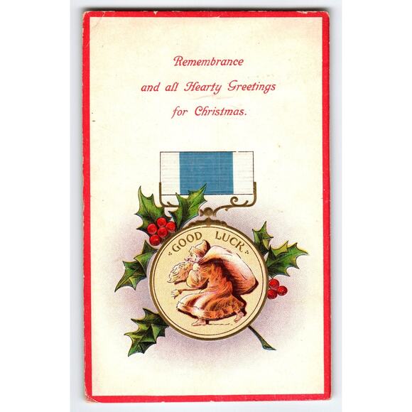 Vintage Christmas Postcard Santa Claus Good Luck Medal Holly Berries - Picture 1 of 2